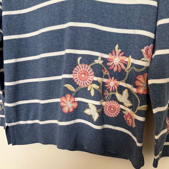 J Jill Sweater Sz XS Petite Blue Striped V Neck Embroidered Hooded Oversized - Picture 3 of 14